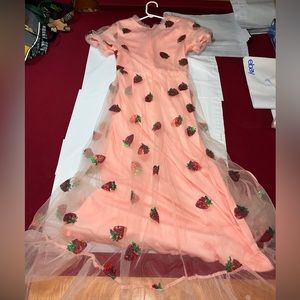 Strawberry DRESS Pink chiffon red BERRIES dress Sequin ruffle V-Neck Maxi lined